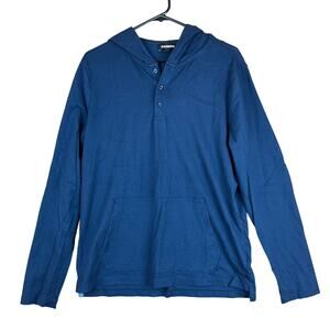 Express Mens Sweatshirt Blue Hoodie Henley Long Pullover 100% Cotton Medium